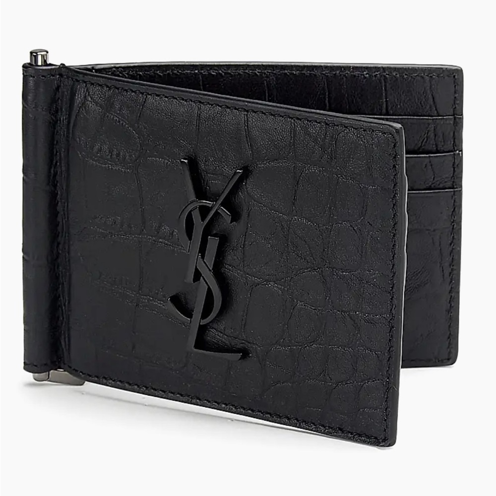 NWT Yves Saint Laurent Black Croc-Embossed Bifold Wallet
